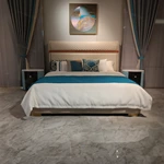 Beige Upholstered Bed with Quilted Headboard, Wood Accent & Gold Stainless Steel Feet